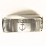 A men's brushed sterling silver wedding band with an engraved anchor and rope design, part of the nautical jewelry collection available at Catawba Island Jewelers in Port Clinton, Ohio.